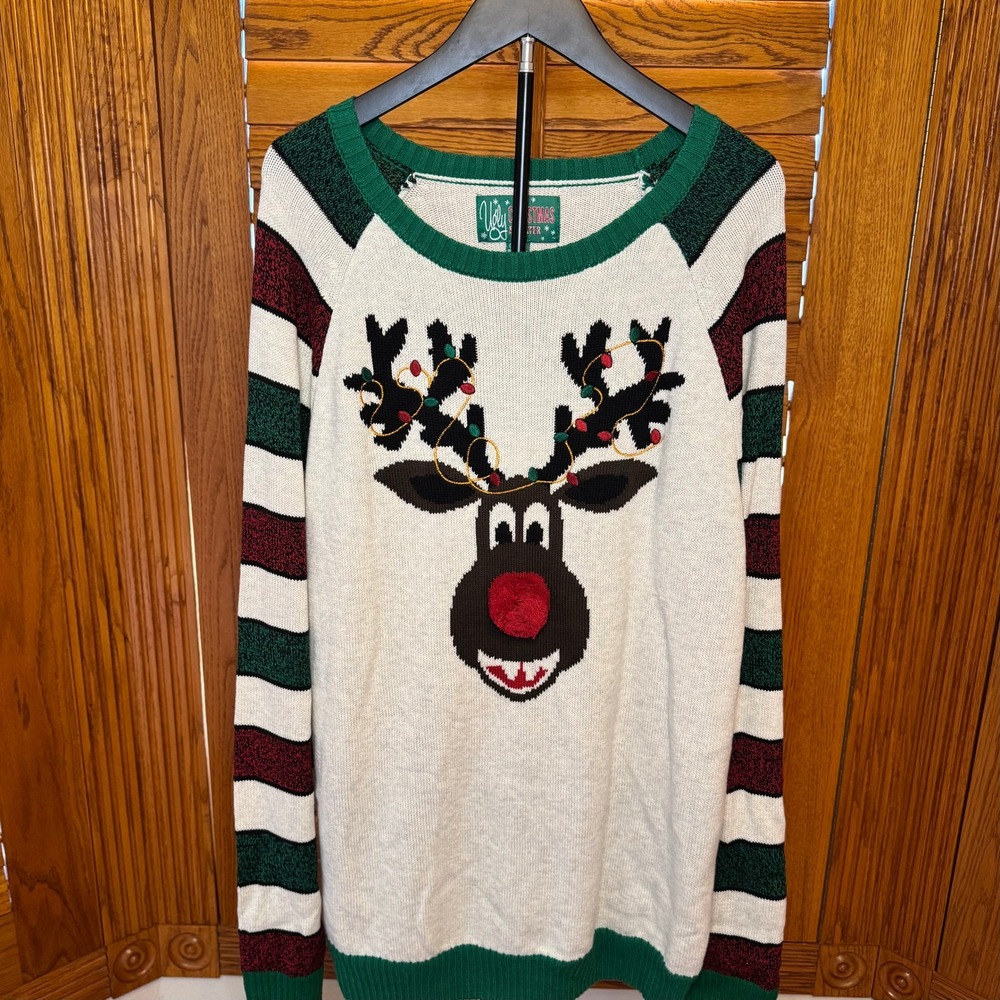 Ugly Christmas Sweater Mens XXL Reindeer Christmas Party Striped Sweater